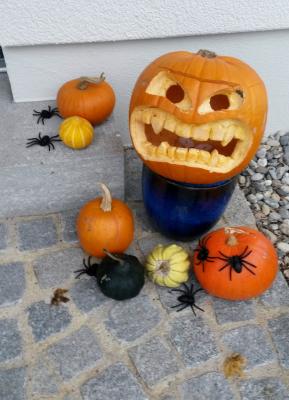 Na, wer sich da nicht gruselt...
<br />
Das war unsere selbstgemachte Deko für Halloween.
<br />
Leider halten sich ausgehöhlte Kürbisse nicht so lange, sodass wir ihn leider vor dem 31. schon in die Tonne kloppen mussten.